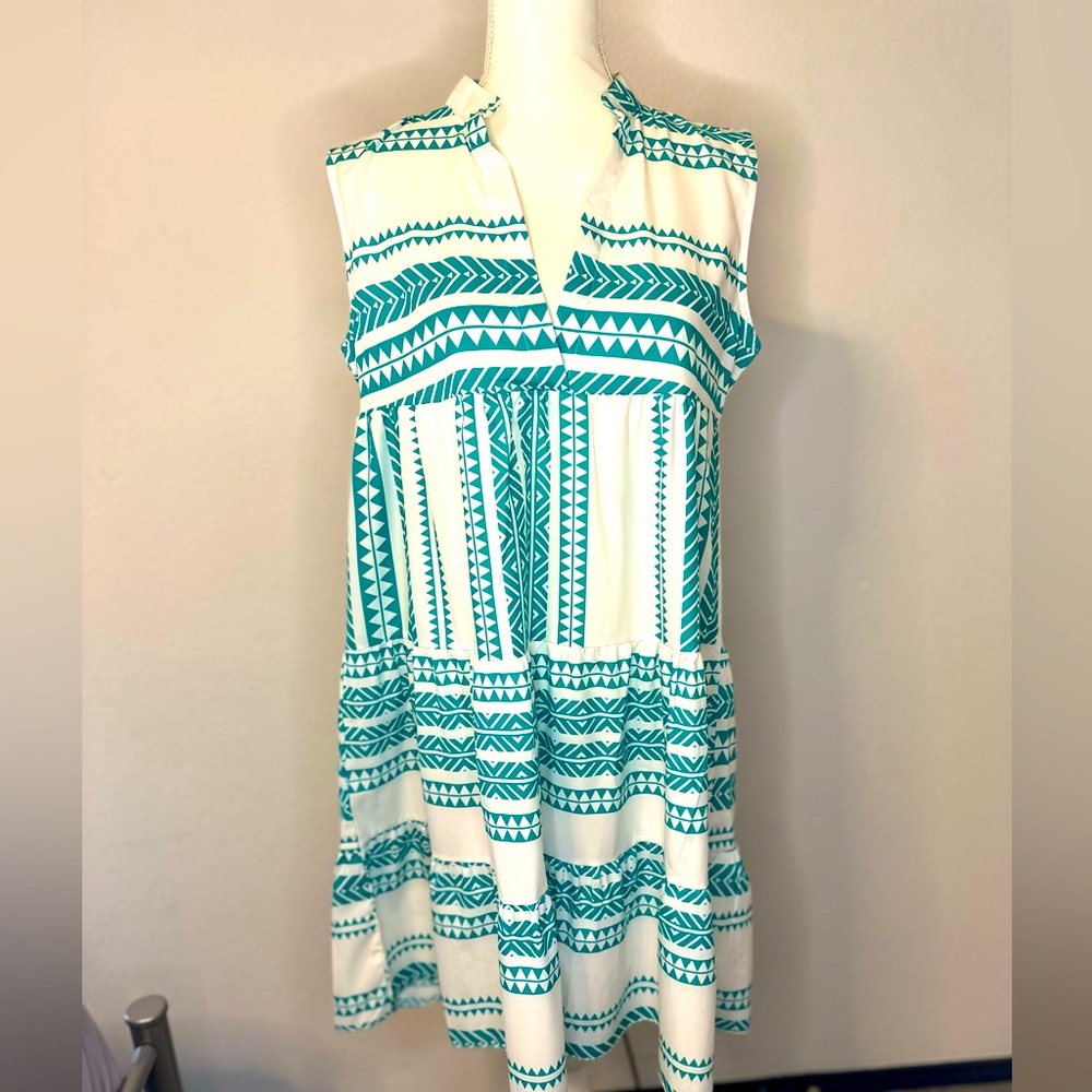 BOHO Geometric Pattern Aqua White Mini Dress Size Medium